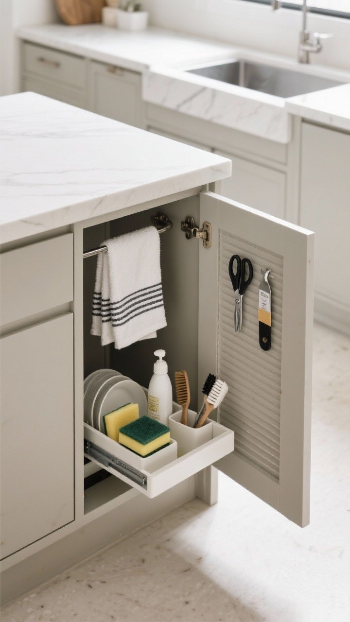 Medium corner-angle shot of an island end featuring a discreet cleaning cubby: slim door open to reveal an interior towel rail with neatly hung dish towels, a small pull-out caddy stocked with sponges and dish soap, a tilt-out tray for brushes, and a magnetic strip holding scissors and a bottle opener; ventilated door panel and water-resistant liner visible; fresh, uncluttered sink-area vibe with even natural light