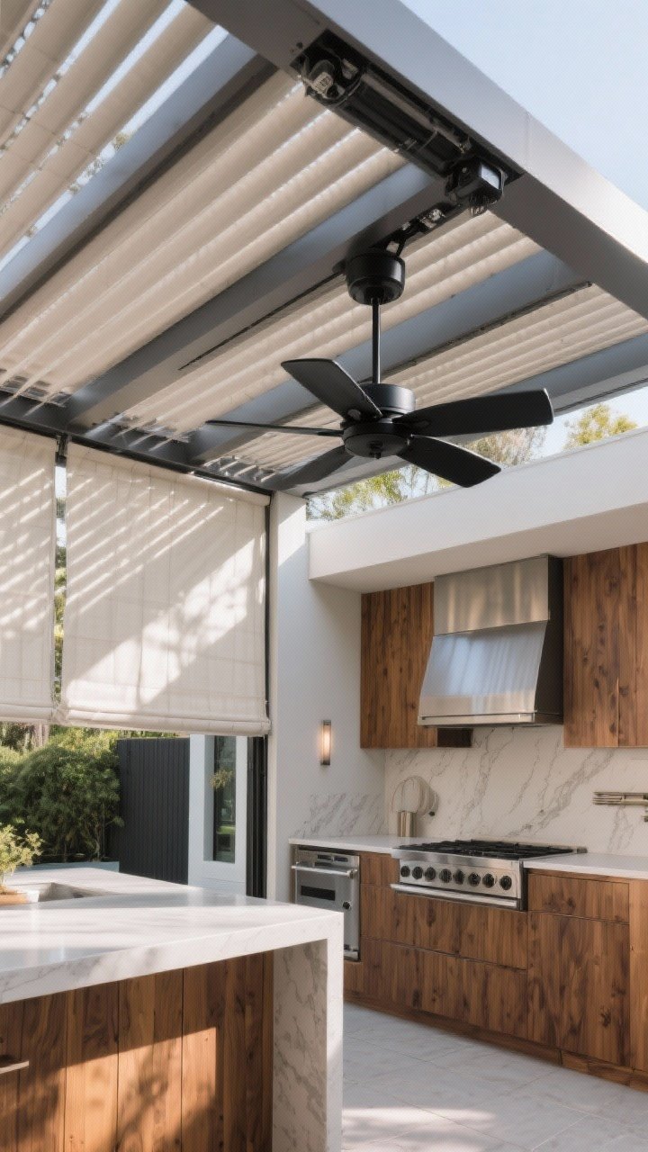 Medium corner-angle shot under a contemporary pergola with a motorized louvered roof partially closed, UV-rated fabric side shades drawn on the sunward side, and a matte black ceiling fan gently spinning; cohesive materials match the home’s architecture with the same wood stain and metal finish; soft filtered sunlight patterns across the outdoor kitchen island, evoking cool, usable shade