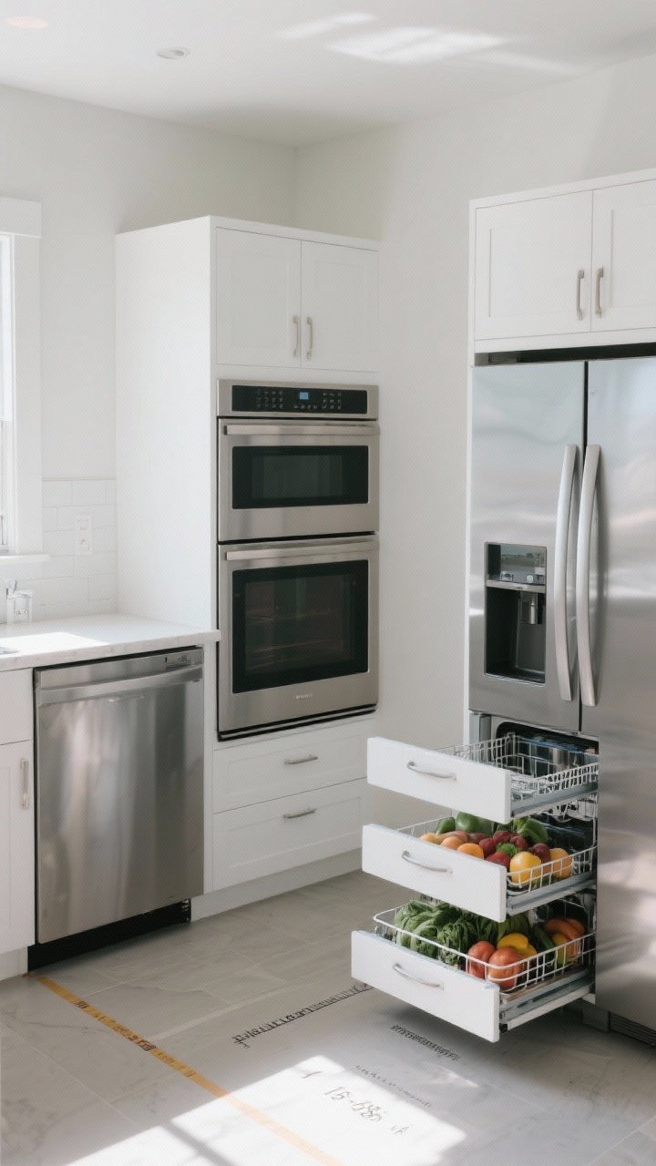 Medium, corner-angle view of appliance placement harmony: a range centered with 15–18 inches of counter on one side, dishwasher directly beside the sink with clear opening space, and a counter-depth fridge with doors fully open showing unobstructed produce drawers; show door swing clearances with subtle floor tape marks and note handle depth clearance; clean, bright daylight, balanced composition.