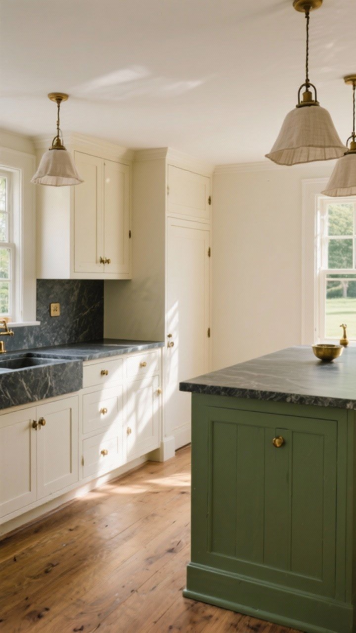 Medium corner shot: Earthy color palette harmonized—cream-painted cabinets, deep charcoal soapstone counters, and brass hardware, alongside a moss green island on oak floors, linen-shaded pendants overhead. Off-white walls with a creamy undertone. Late-afternoon sunlight to show color shifts and warmth. No people, photorealistic, calm countryside vibe.