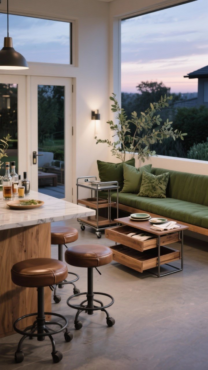 Medium corner shot of flexible seating and serving: swivel stools with wipeable leather seats at the island, a rolling metal-and-wood bar cart positioned near open doors, nested side tables partially pulled out with small plates and napkins, and outdoor-safe cushions in moss, eucalyptus, and emerald tones on a bench; twilight natural light; photorealistic.