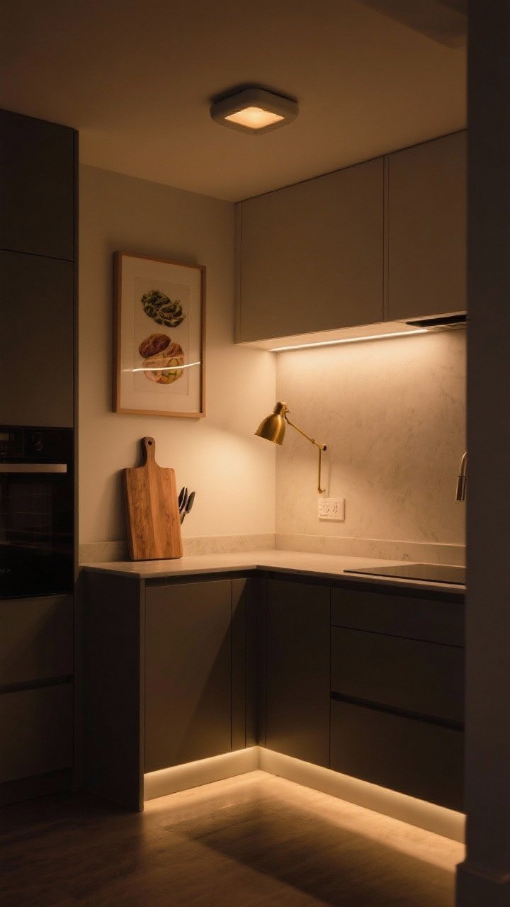 Medium corner shot of layered kitchen lighting in a small space: warm 2700K–3000K tones from under-cabinet LED strips illuminating a chopping board with shadow-free task light, a compact flush-mount ceiling fixture for ambient glow, a tiny brass picture light above a framed food print, and subtle toe-kick LED accent lighting along the base cabinets; dim yet cozy evening scene showing distinct light layers.