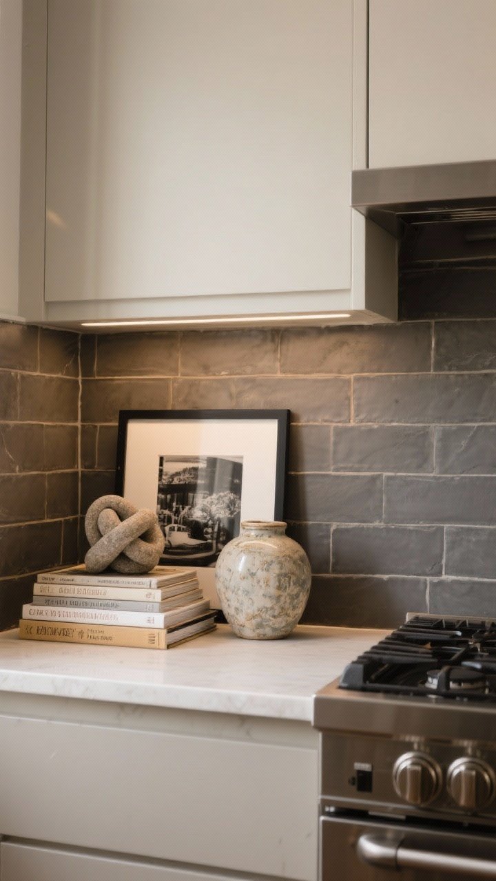 Medium countertop scene adding personality: framed black-and-white photography leaned against the backsplash, a short stack of cookbooks with pretty spines, and a sculptural stone knot beside a vintage ceramic vase; items placed away from the stove for steam safety; wipeable surfaces; warm, indirect light; neutral tones with charcoal and cream accents; straight-on shot capturing the composition.