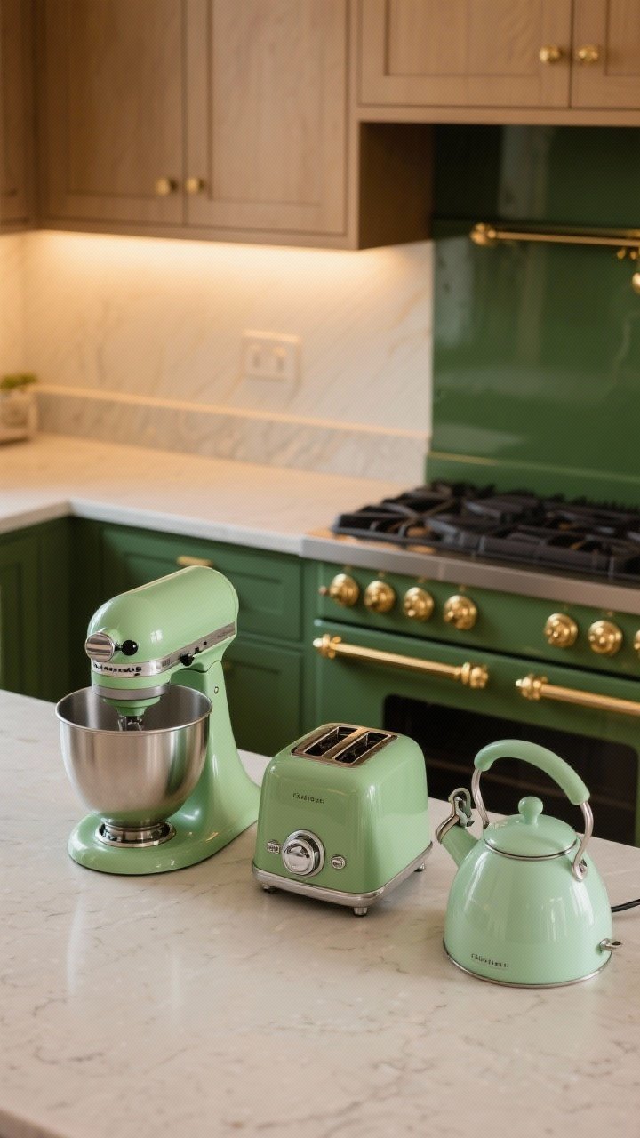 Medium countertop scene: Neutral counters with coordinated small green appliances—a sage stand mixer, olive toaster, and a mint kettle—arranged neatly. In the background, a deep green retro-look range with brass knobs acts as a subtle showstopper. Hide mismatched gadgets; only the green items are visible. Colors match warm cabinet undertones. Warm task lighting from under-cabinet strips to enhance the greens without harsh glare.