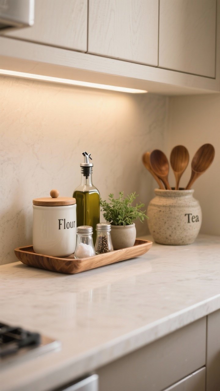 Medium countertop styling shot focused on purposeful decor: a wood tray corralling olive oil, salt, pepper, and a tiny potted herb; ceramic and glass canisters labeled for flour, coffee, and tea; a stoneware crock filled with wooden spoons; ample negative space around to avoid clutter. Warm neutral backdrop, gentle under-cabinet glow, photorealistic textures.