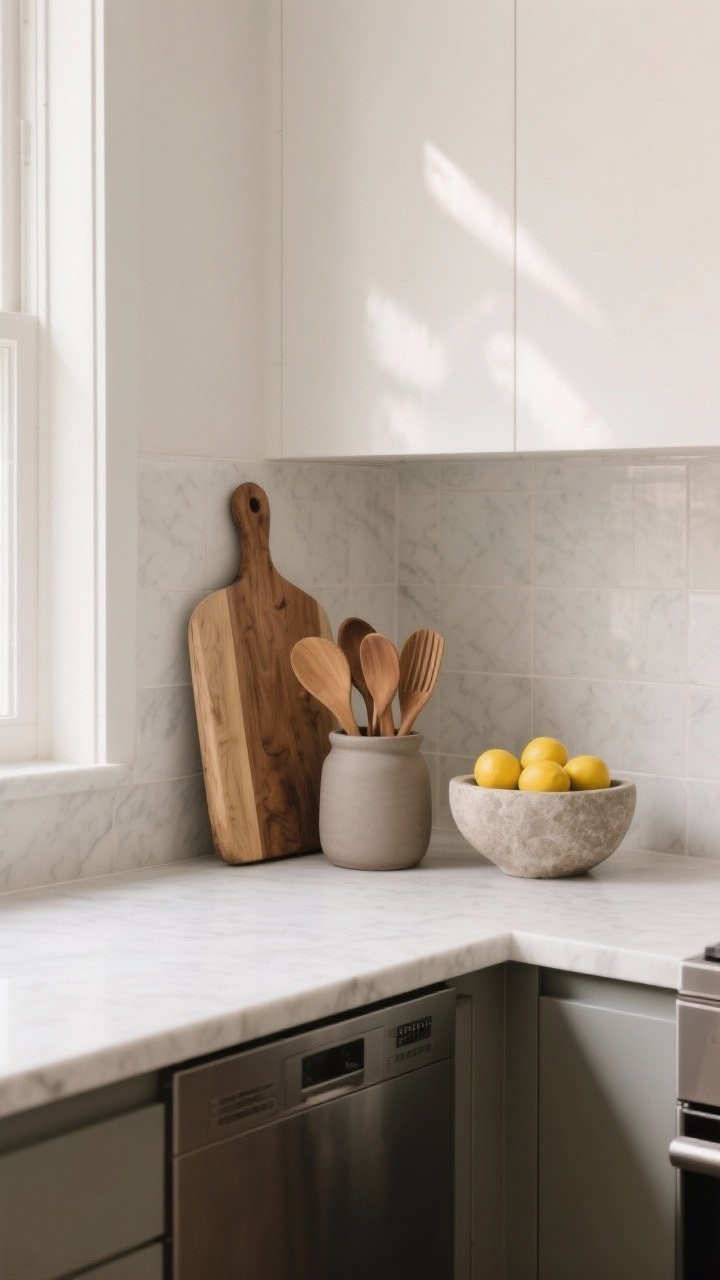 Medium countertop vignette styled with restraint: a clean quartz counter with a single large wood cutting board leaned against a light tile backsplash, one matte ceramic utensil crock holding all-wood tools, and a sculptural stone bowl filled with lemons; all small appliances hidden; negative space emphasized; soft morning natural light from the left; neutral, tonal palette for a luxe, uncluttered feel; three objects only; corner angle.