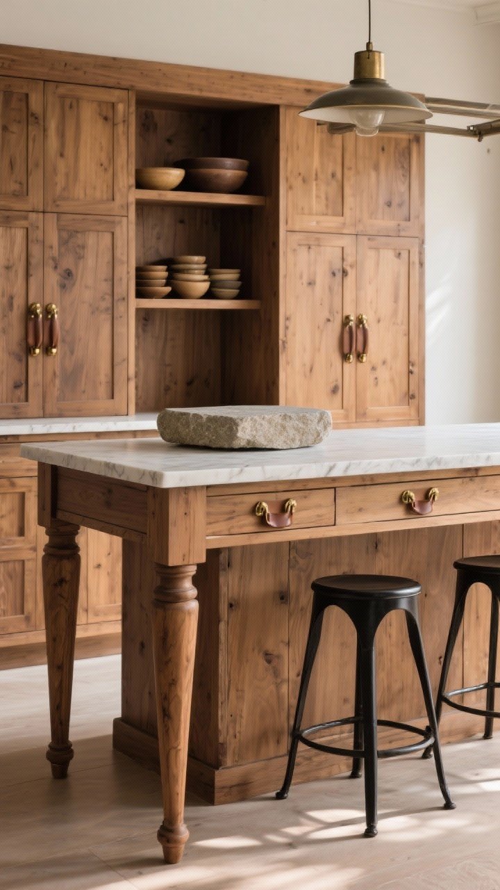 Medium-detail shot: A furniture-style island that looks like a vintage table—turned legs, inset panels, and an open shelf with neatly stacked bowls; topped with a single slab stone to keep it modern; aged brass pulls or leather tab handles; slender stools in sculptural black metal or wishbone-style wood tucked nearby; warm daylight highlighting wood grain; straight-on close perspective to capture character and craftsmanship; photorealistic, no people.