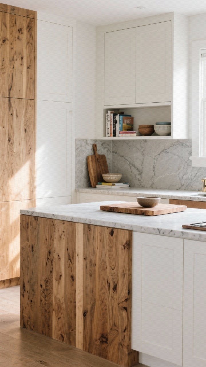 Medium detail shot: A mixed-material island corner featuring a white oak butcher block end-cap as a dedicated chopping zone adjacent to a cool grey stone prep surface; an open white oak shelf at the island end styled with cookbooks and ceramic bowls; wood-clad panels break up white cabinetry; warm afternoon light accentuates grain and warmth; three-quarter angle.