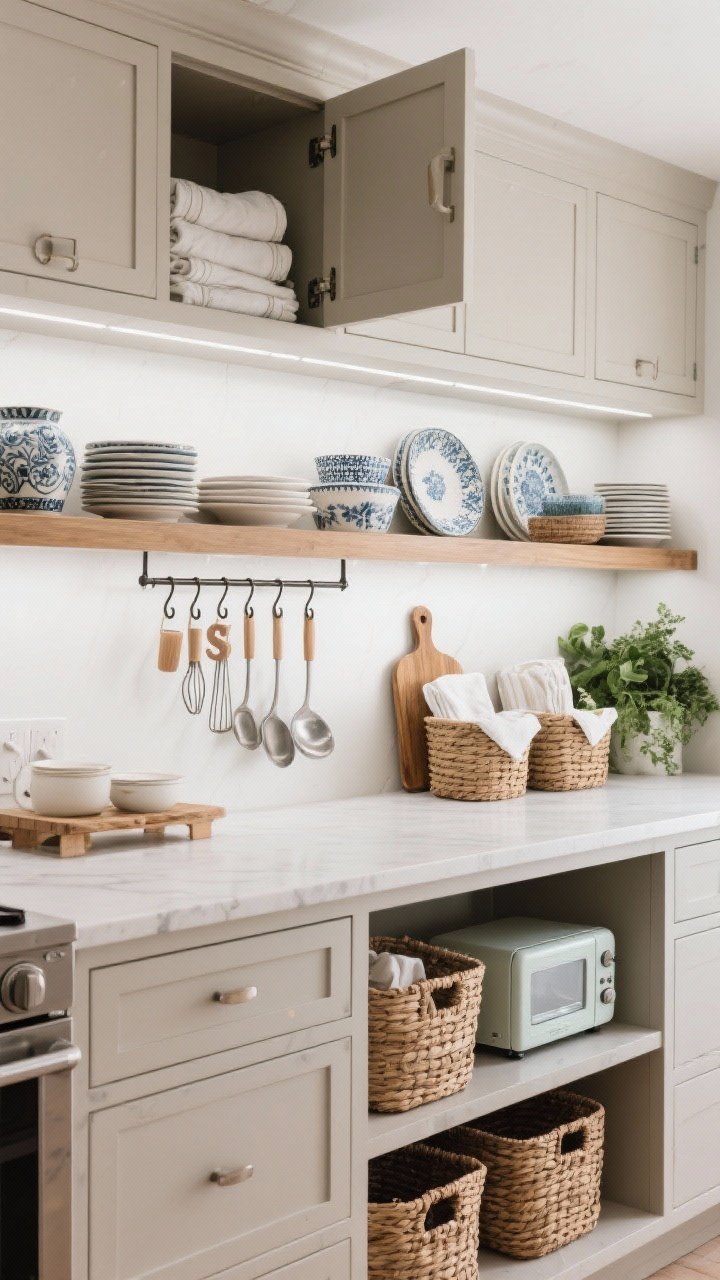 Medium-detail shot — The working side of a chef’s island with open shelving: baskets corral linens, a rail with S-hooks holds ladles and tongs, and shelves display pretty ceramics, serving boards, and stacked plates. Top drawer cracked open to hint at linens; bottom shelf shows a small appliance. Style the shelves with a 60/30/10 mix of practical items, decor, and a touch of greenery. Neutral cabinetry, task lighting bright and functional.