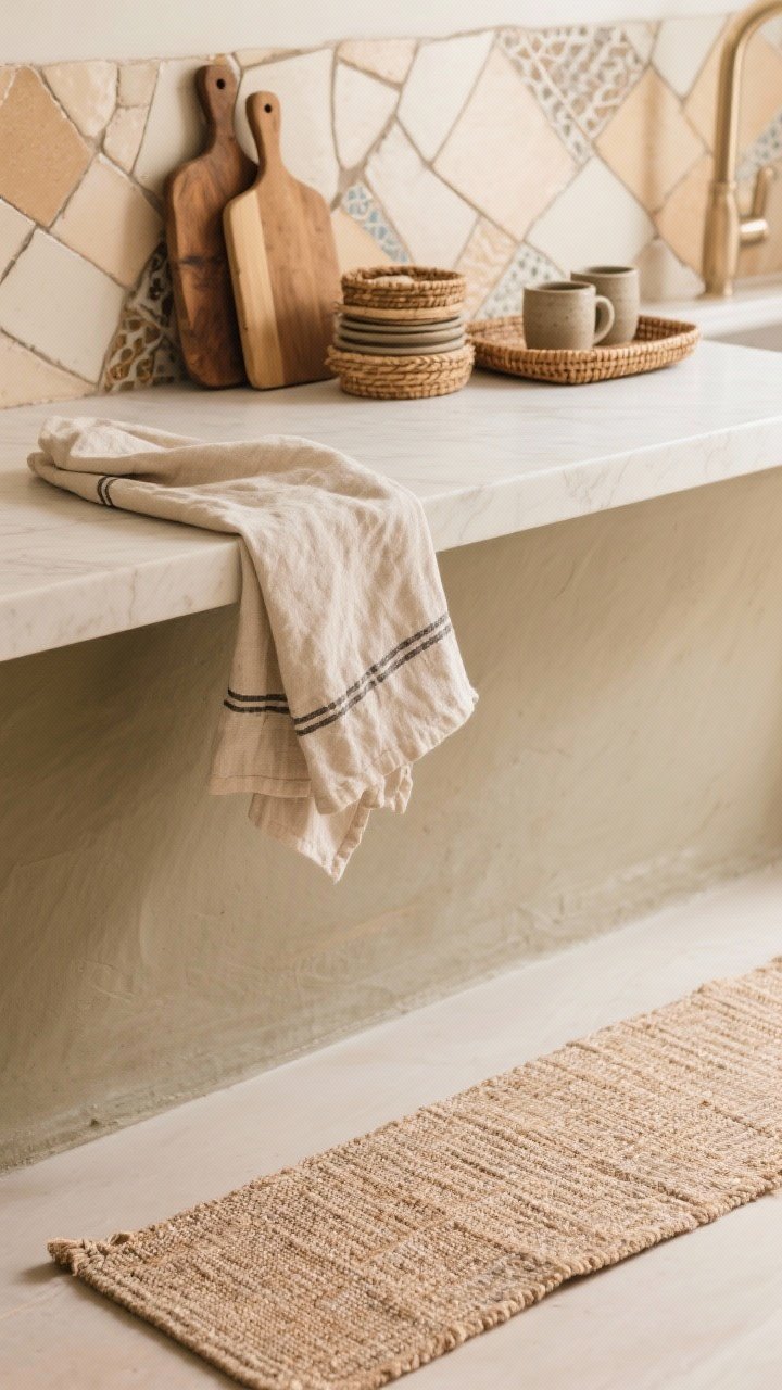 Medium detail shot focusing on texture for comfort: a washable flat-weave runner in warm neutrals across a light floor; linen tea towels draped over a bar; natural materials like a wood cutting board stack, rattan tray with stoneware mugs, and a backsplash with soft, irregular zellige tiles catching light. Cohesive palette of 2–3 textures repeated, warm ambient daylight, intimate cozy mood.