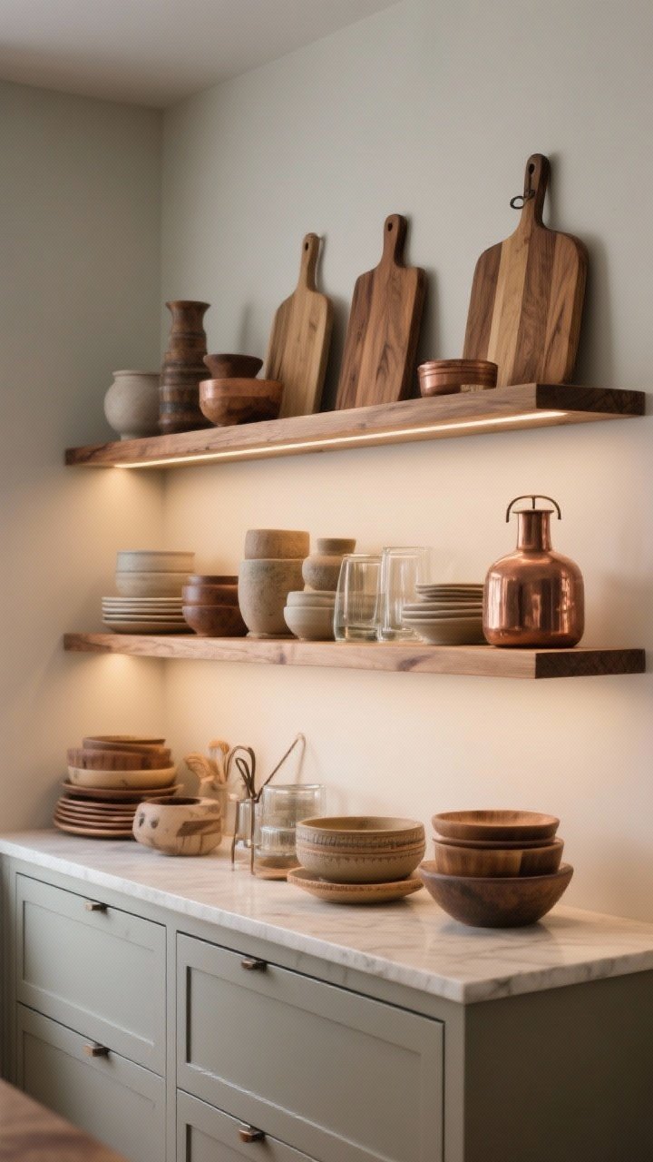 Medium/detail shot of an open-shelf wall that feels curated, not messy: one wall with 2–3 sturdy wood shelves, repeated materials limited to ceramic, wood, and glass for a calm palette, copper or iron accents mixed with warm wood cutting boards, items grouped in odd numbers with varied heights and negative space between stacks, closed lower cabinets below to hide clutter, subtle under-shelf lighting creating an evening cozy glow; photorealistic, eye-level close focus.