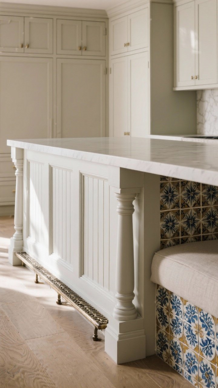 Medium detail shot of the island sides styled with architectural character: painted fluted panels on the long face, turned posts framing the seating nook, a decorative metal toe kick strip, and one end clad in zellige tile for a boutique-hotel vibe; finish matches surrounding cabinetry for cohesion; soft side light to emphasize texture and shadows; angled close perspective, photorealistic.