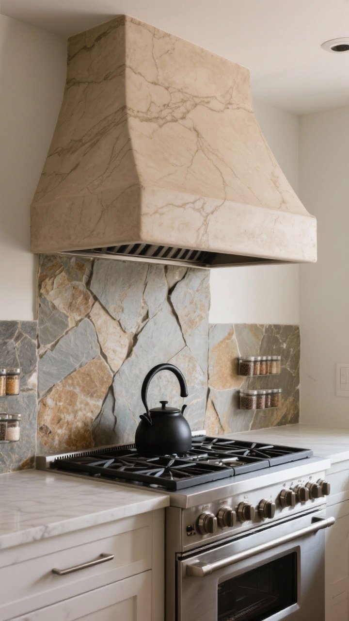 Medium focal wall shot: pro-style range centered beneath a plaster hood with soft, earthy texture; hood slightly wider than the cooktop. Stone slab backsplash runs up the wall behind the range for drama, flanked by slim spice pull-outs. A matte black pot filler arcs over the range. Lighting is even, highlighting the hood’s contours and stone veining; angle from slightly off-center for depth.