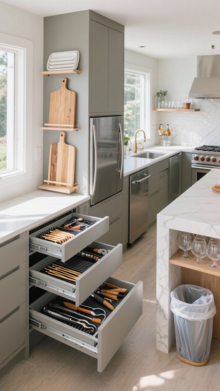 Medium organizational shot of smart storage and zones: weatherproof drawer inserts neatly holding tongs, skewers, and grill tools; a pull-out sealed trash/recycling cabinet ajar; a tall cabinet storing vertical cutting boards and trays; a bar ledge/peninsula defining guest space away from the cook’s zone; a compact beverage station with slim fridge, open shelf for glassware, and concealed bin for empties; bright natural daylight; slight corner angle.