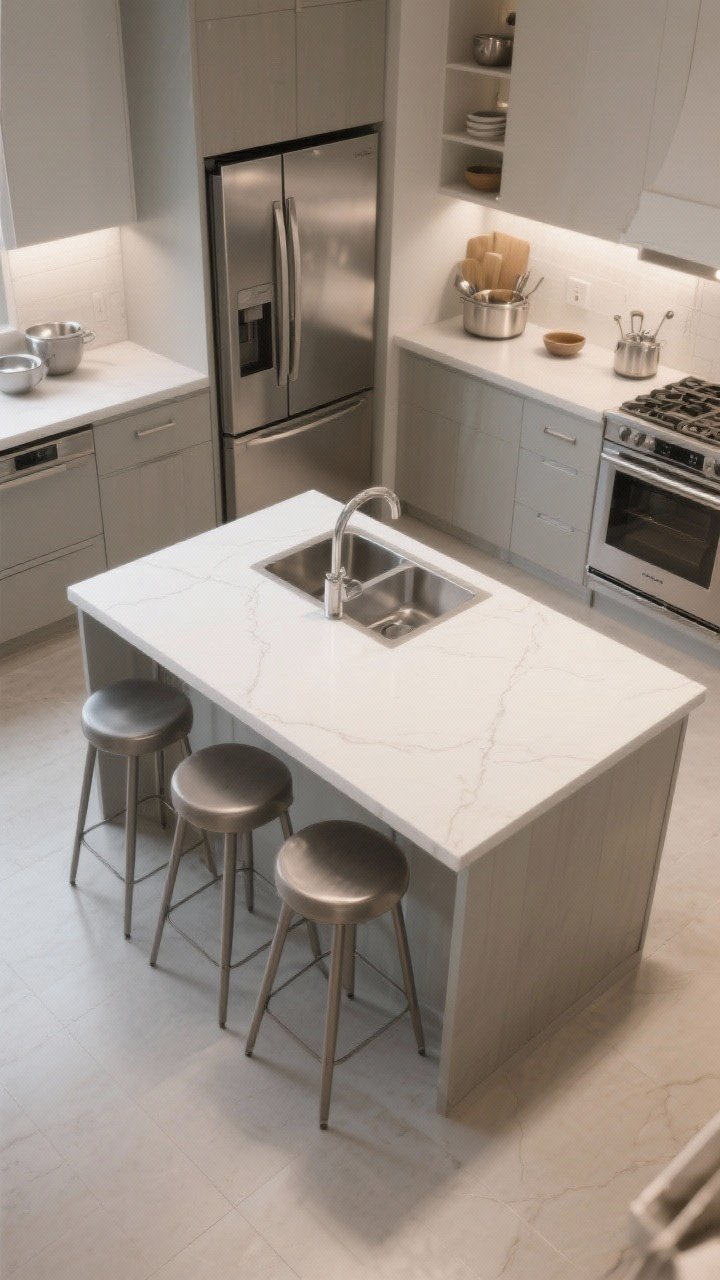 Medium overhead-angled shot of a kitchen layout diagram realized in photorealistic scene: island positioned to support a sink-fridge-range work triangle with legs between 4–9 feet; a compact prep sink on the island with generous continuous counter space, fridge door and oven door open without hitting island stools; brushed stainless appliances, matte white counters, subtle task lighting, corner angle showing unobstructed paths for moving pots and bowls