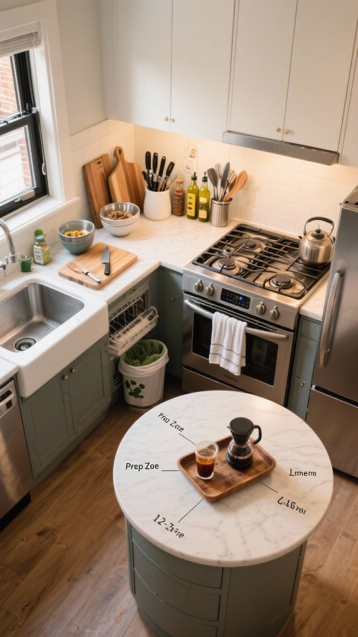 Medium overhead-lateral hybrid shot mapping zones in a tiny kitchen: labeled prep zone with knives, mixing bowls, and cutting boards clustered near the largest counter stretch; cook zone at the stove with oils, spices, and utensils within arm’s reach; clean zone around the sink with dishwasher, trash, compost bin, and towels; a small beverage hub on a tray with coffee gear; clear 12–15-inch landing zones near stove and fridge; rounded island corner visible; clean, practical lighting.