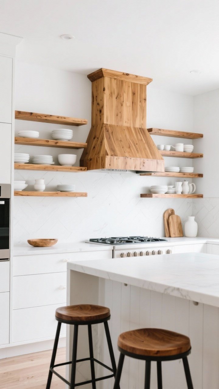 Medium shot: A bright white kitchen corner featuring warm wood accents—white oak open shelves styled with everyday white dishes and simple ceramics, counter stools with walnut seats and black metal frames at a white island, and a wood-wrapped range hood that matches the shelving; balanced, natural daylight enhances the honey tones of the wood against the crisp white cabinetry.