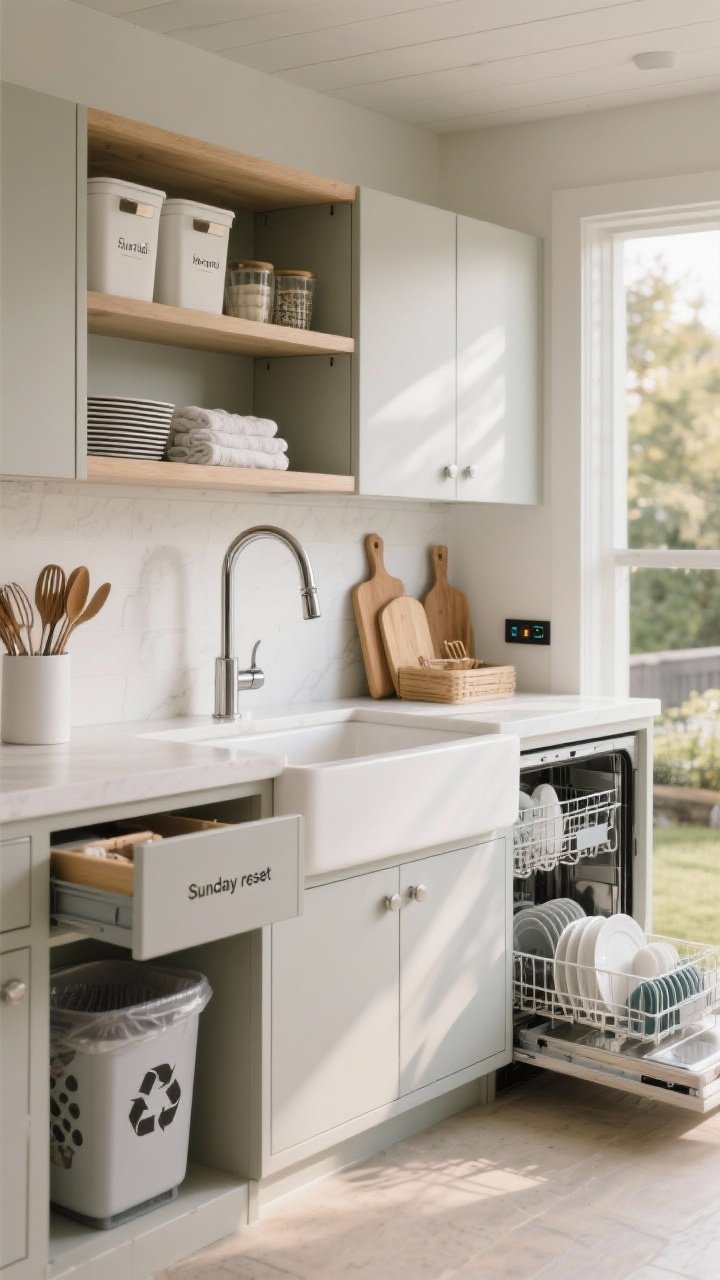 Medium shot: A cleanup-focused station with a full-depth sink and pull-down sprayer, closed storage for utensils, cutting boards, and linens, open shelves with labeled grab-and-go bins, vented trash and recycling pull-outs with animal-resistant fronts, an outdoor-rated dish drawer/dishwasher integrated into the base cabinets, and a hidden power/USB charging nook behind a flip-up panel; clean, organized “Sunday reset” vibe, soft morning light, photorealistic.