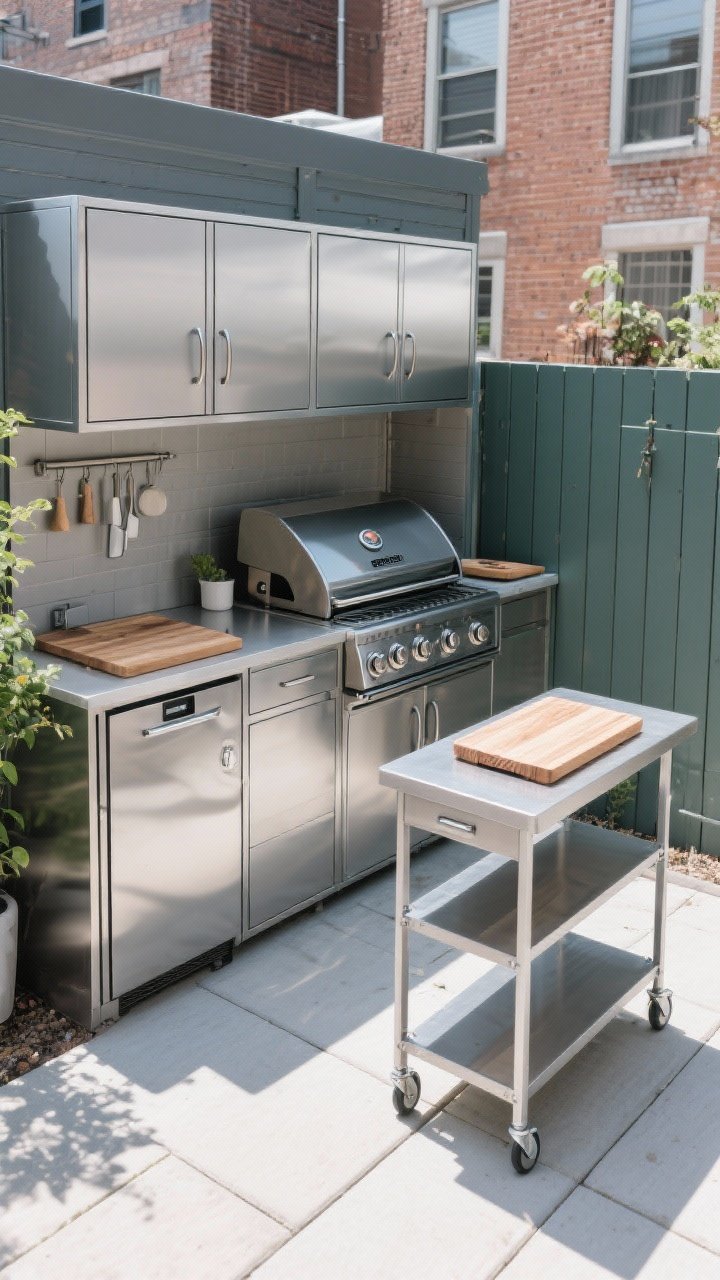 Medium shot: A compact modular outdoor kitchen in an L-shape tucked against a fence, featuring stainless steel and powder-coated aluminum cabinet modules; a high-quality grill, a fridge drawer, a small prep surface with a removable butcher-block insert doubling as a serving board, and a slim rolling cart used as a flexible island/bar; durable, easy-clean finishes; bright daylight; tight urban patio setting, efficient and tidy.
