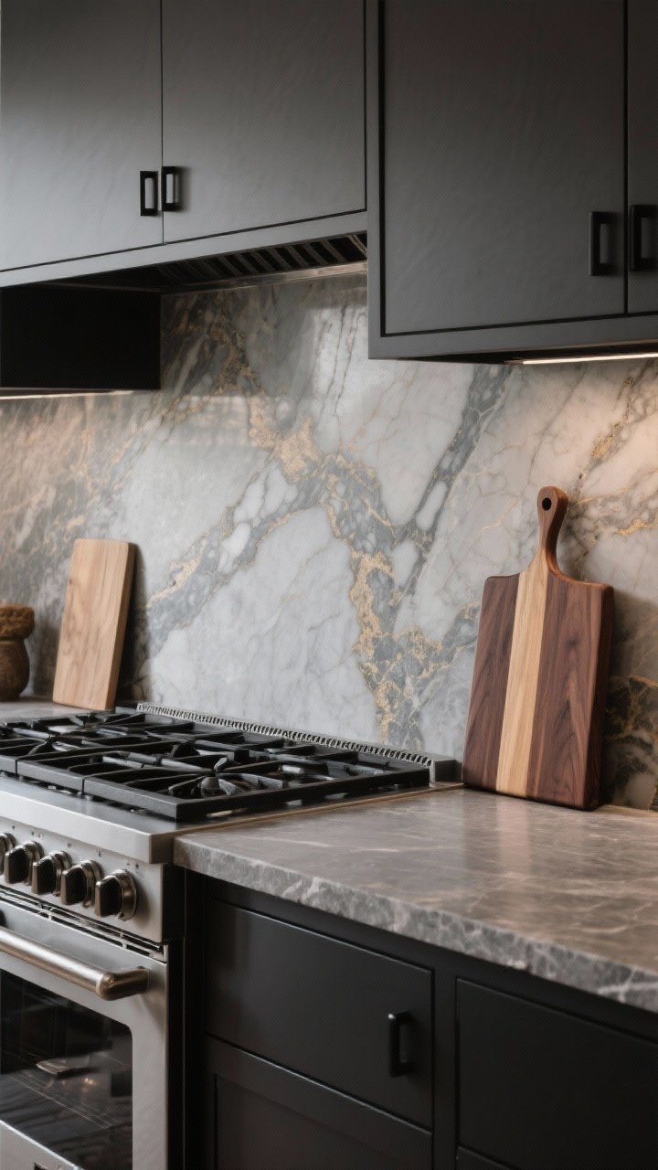 Medium shot: A countertop and range area showcasing honed natural stone surfaces—soapstone perimeter counters with a deep, moody low sheen and subtle veining, paired with a honed Taj Mahal quartzite slab backsplash. Wooden elements nearby (walnut cutting board, oak trim) ground the space. Matte black hardware and flat-front cabinets keep it modern. Soft, diffuse daylight emphasizing texture and movement in the stone, photorealistic.