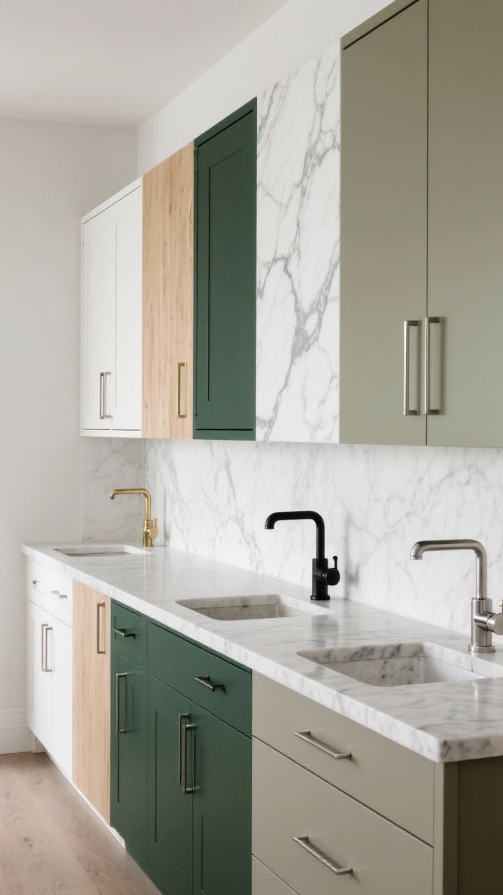 Medium shot: A curated set of sample pairings you can steal—four styled stations on a long counter: (1) soft white shaker + Calacatta-look quartz + polished nickel pulls; (2) flat-panel white oak + creamy quartz + brushed brass; (3) deep forest green cabinet front + white quartz with bold gray veins + matte black hardware; (4) greige cabinet + honed concrete-look quartz + stainless pulls; straight-on view, neutral backdrop, balanced, photorealistic.