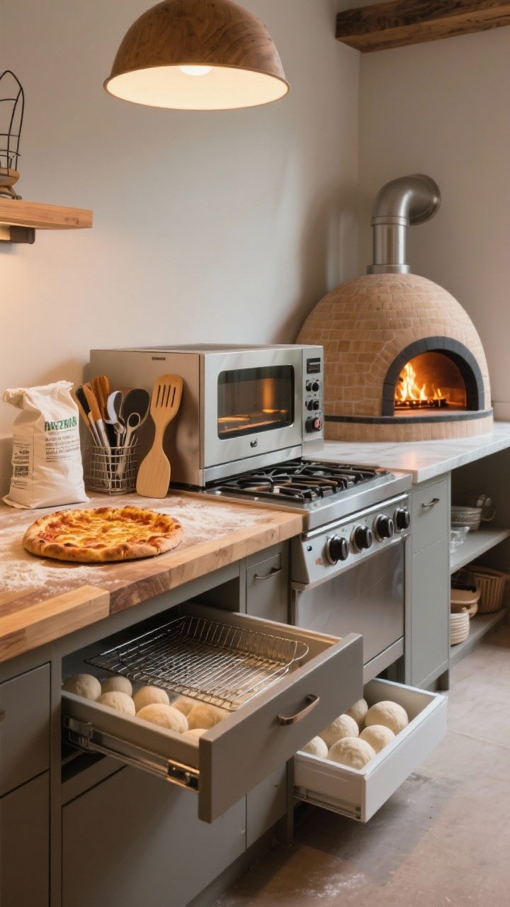 Medium shot: A dedicated pizza station featuring a compact gas pizza oven beside a wood-fired dome oven, separate prep zone with a floured butcher-block surface, a dedicated drawer slightly open showing peels, cutters, and a bag of flour, a small cooling rack station with a golden-brown pizza resting, and a shallow chilled drawer ajar revealing dough balls, warm firelight from the dome and soft task lighting, photorealistic.