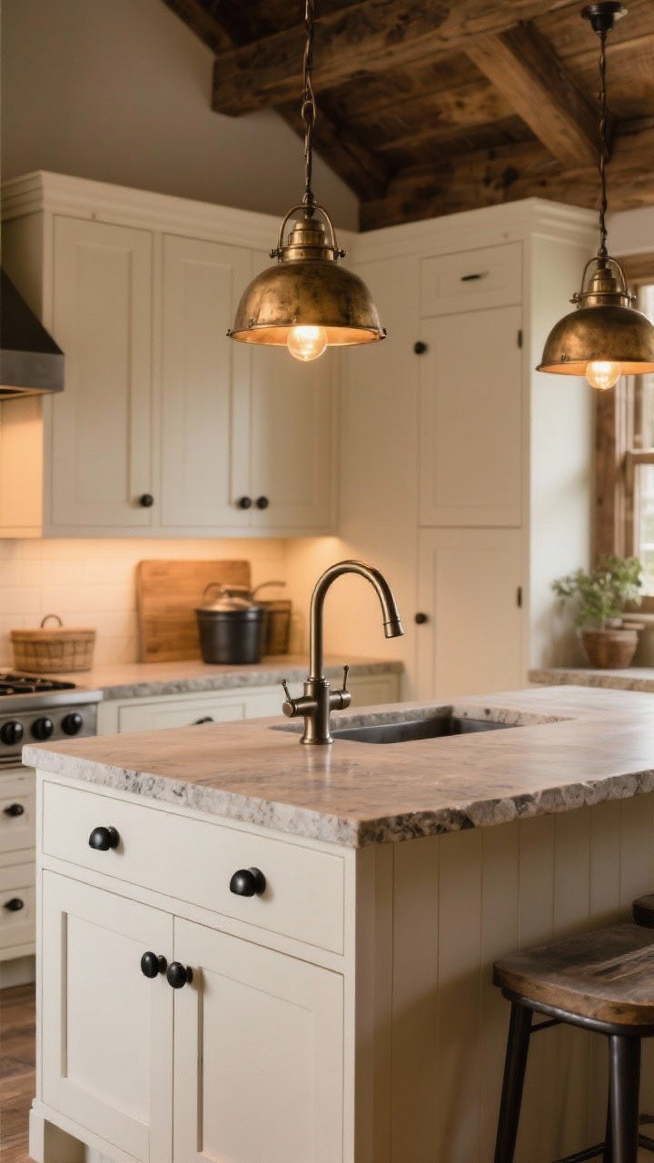 Medium shot: A farmhouse kitchen vignette focusing on matte metal finishes—matte black cabinet knobs and bin pulls on warm white cabinetry, aged brass pendants over the island with dimmable warm bulbs, and a bridge faucet in antique nickel. Keep metals limited to two finishes for balance. Include stone counters and nearby wood accents for contrast. Soft, warm evening lighting with visible glow on metal without shine. Photorealistic, three-quarter angle from island corner.