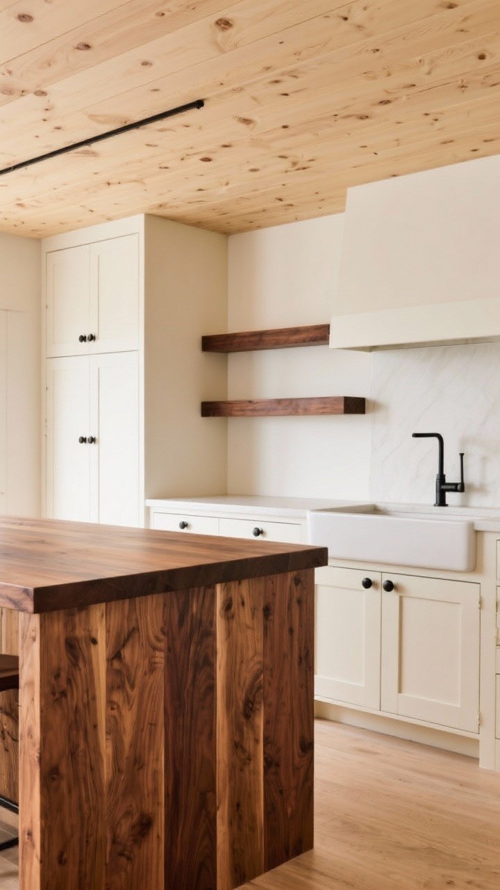 Medium shot: A kitchen vignette showcasing varied wood tones—warm oak island with darker walnut floating shelves and a light pine plank ceiling. Painted lower cabinets in creamy white break up the wood. Undertones stay warm and cohesive. Subtle natural light highlights the grain; matte black knobs unify the look.