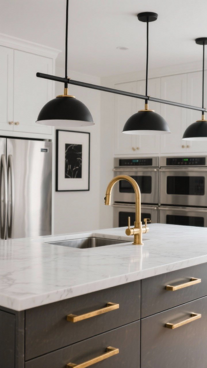Medium shot: A kitchen vignette showing mixed metals with intention—dominant warm brass on cabinet pulls and a brass bridge faucet, secondary matte black in linear island pendants and a black-framed art piece; stainless steel appliances treated as neutral backdrop. Repeat each metal twice. Soft, balanced lighting, brushed finishes to reduce fingerprints, modern and cohesive composition.