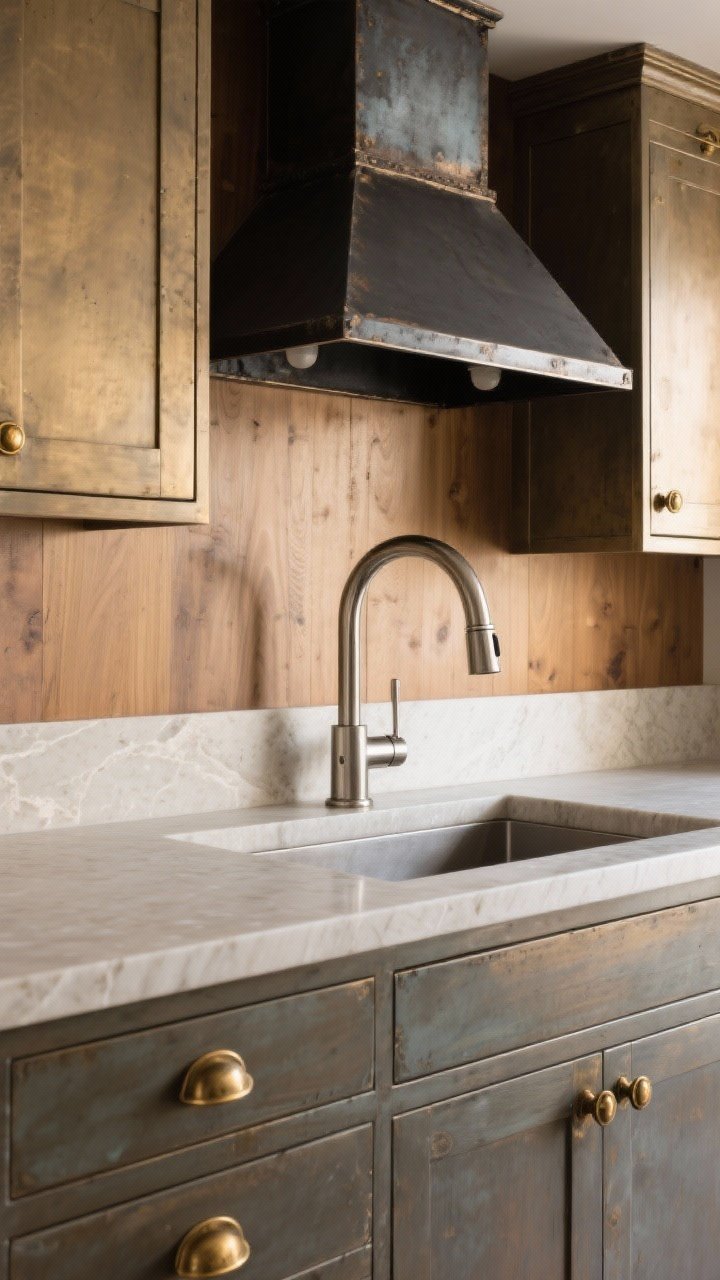 Medium shot: A kitchen work zone featuring a brushed nickel single-hole high-arc faucet as the accent metal and aged brass cabinet pulls as the dominant metal, with a touch of blackened steel on a pendant canopy for contrast; finishes are patinated/brushed, no high-shine; consistent knobs and pulls throughout; neutral stone counter and warm wood backdrop; even, soft lighting that highlights the mixed metals without glare.