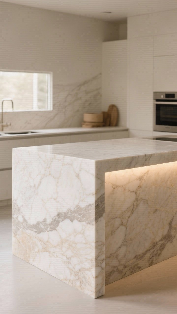 Medium shot: A monolithic kitchen island crafted from softly veined creamy quartzite (warm white with sand and mushroom gray undertones), integrated stone end panels so it reads as a single sculptural block, simple eased edge profile, minimal surroundings in a restrained palette, diffuse daylight and gentle under-cabinet glow for calm, photorealistic stone texture emphasized.
