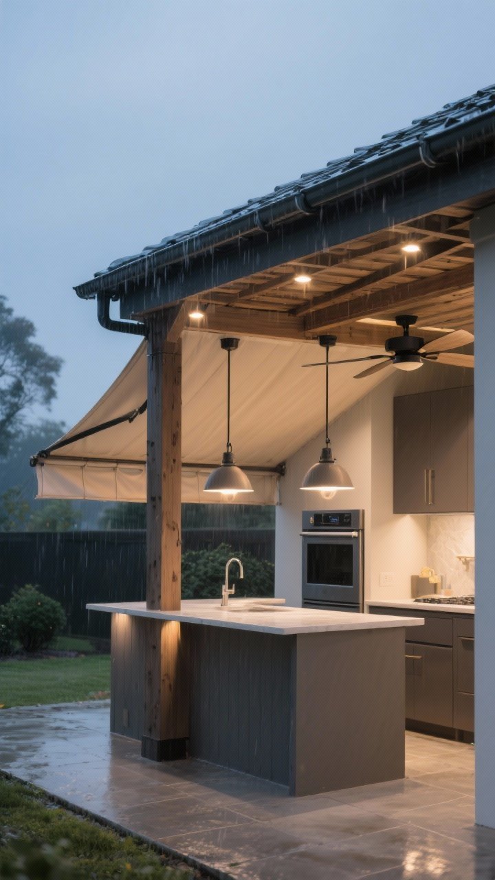 Medium shot: A pergola with a retractable canopy partially extended over an outdoor kitchen, layered lighting including downlights and a pair of pendants over the counter, two outdoor-rated ceiling fans moving air; visible gutters along the edge of a solid roof pavilion extension to suggest drainage; soft, drizzly evening with surfaces dry under cover; clean, calm mood, photorealistic.