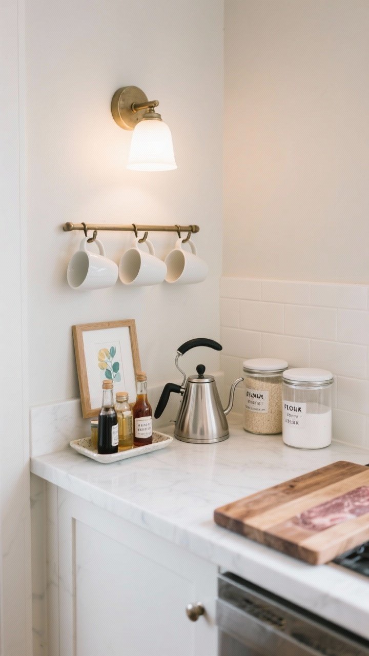 Medium shot: A personalized daily ritual zone—a compact coffee bar on a white counter with mugs on wall hooks, a small tray holding syrups, a polished nickel kettle, and a petite framed art print; to one side, labeled canisters for flour and sugar hint at a nearby baking station with a butcher block inset; the setup is organized, charming, and ready for everyday use under a soft sconce light.