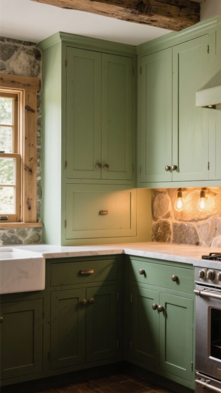 Medium shot: A rustic kitchen corner showcasing painted cabinets in layered greens—sage uppers in a matte finish and deeper olive lowers in satin, paired with simple round knobs on uppers and bin pulls on lowers; soft daylight streams in from the left while warm evening bulbs glow under-cabinet on the right to show color shift; natural wood trim and stone accents in the background, cozy but not cave-like, evoking a farmhouse vibe without gloss.