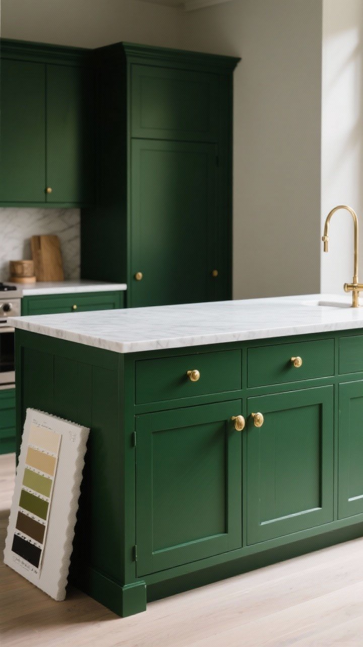 Medium shot: A saturated deep green painted kitchen island base with a simple pale white quartz countertop, brass/champagne hardware that adds warmth, paint swatches on a foam board leaning nearby to imply testing, subtle play of daylight across the color to show tonal variation, soft ambient lighting; surrounding elements neutral so the moody island anchors the room, no people, photorealistic.