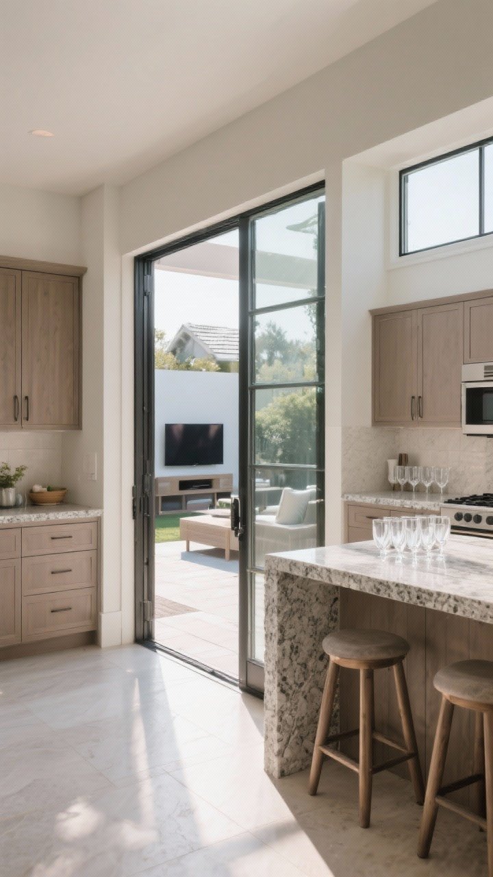 Medium shot: A seamless indoor-outdoor transition where large bifold doors open from an interior kitchen to a patio kitchen aligned directly outside; matching finishes echo indoors and out—same cabinet tone and a granite-look outdoor countertop; a pass-through bar beneath a wide window with stools and neatly arranged glasses for quick handoffs; sightline from patio to an indoor TV; bright, airy daytime lighting, clean lines, corner angle emphasizing flow without bottlenecks.