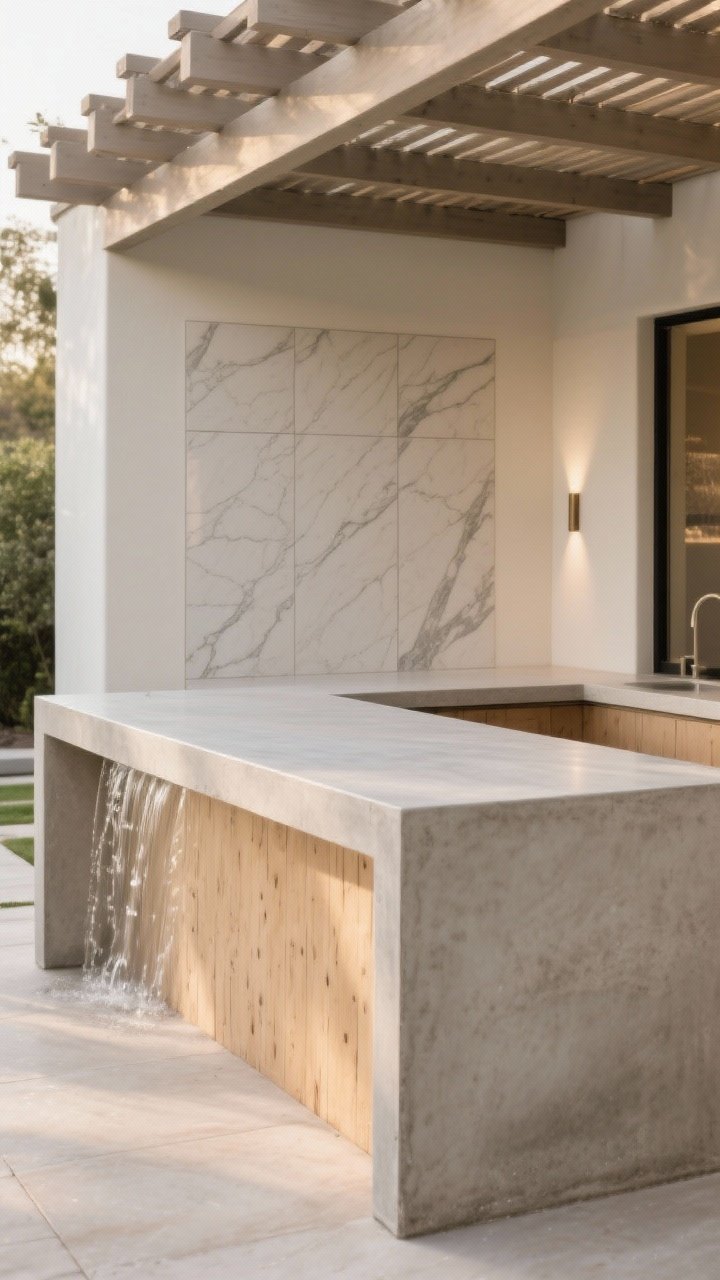 Medium shot: A sleek outdoor countertop scene featuring a poured concrete slab with a smooth finish and satin sealer, executed as a waterfall edge over a plywood substrate. Adjacent section shows large-format 24x48 porcelain tile with subtle marble veining to mimic stone, minimal grout lines for a high-end illusion. Warm, neutral surroundings under a pergola roof; soft side lighting emphasizes the satin sheen and edge detail. No people.