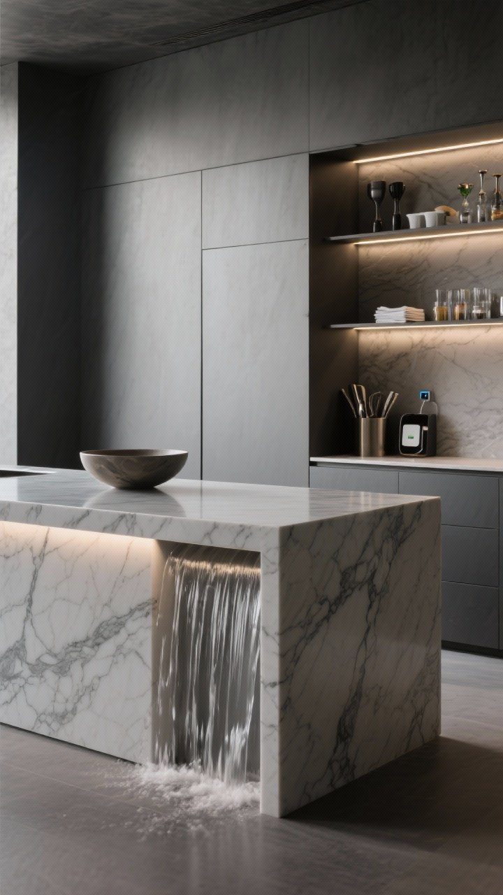 Medium shot — A sleek waterfall-edge island in engineered stone with perfectly matched veining flowing down both sides. One waterfall panel subtly opens to reveal concealed side-access shelving with bar tools, napkins, and a charging cubby softly lit by motion-sensor LED strips. Minimalist styling on top: a single sculptural bowl. Moody, modern ambiance with diffuse daylight reflecting off seamless surfaces, no clutter.