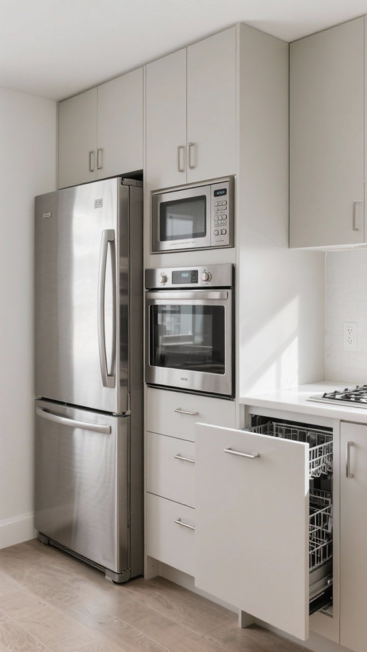 Medium shot: A slim, tall appliance suite in a tiny kitchen—24-inch stainless range, counter-depth refrigerator aligned flush with cabinetry (24–28 inches wide), a microwave-convection combo built into a cabinet, and a single-drawer dishwasher partially open; sleek integrated handles, tight clearances, compact proportions; cool, modern styling with neutral tones; bright, even daylight; photorealistic.