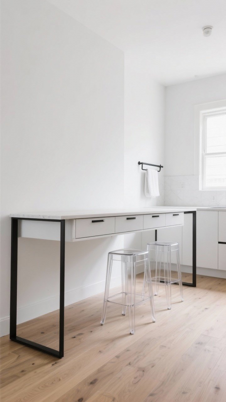 Medium shot: A slimline cantilevered island in a small kitchen, width around 20–24 inches, with leggy base in black metal, clear acrylic stools to lighten the look, and slim drawers for surprising storage; include a sleek towel bar at the end; airy sightlines, light oak flooring, white walls; bright natural light to enhance spaciousness; side angle highlighting the narrow footprint and cantilevered top; photorealistic, no people.