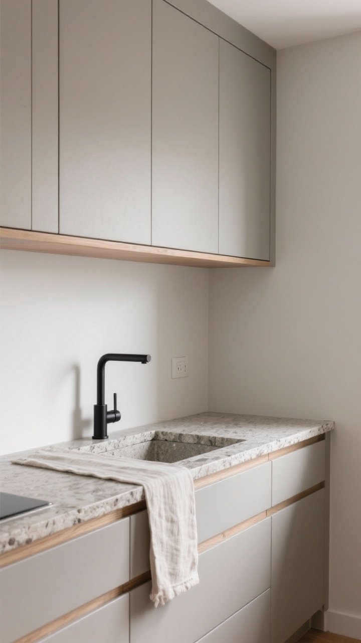 Medium shot: A small kitchen vignette with cabinets and walls in similar tones—greige to pale taupe—with matte finishes that hide smudges. Include subtle natural textures: light oak accent trim, stone-look countertop, and a linen runner on the counter. Add one tight contrast accent: a slim matte black faucet and matching minimal hardware; neutral daylight for a soft, seamless feel.