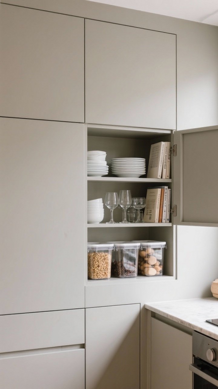 Medium shot: A small kitchen wall with mostly closed storage and one curated open zone. Closed matte cabinets hide clutter; a single open niche displays a tight palette of everyday white dishes, clear glassware, and a few neutral-spined cookbooks. Inside a partially open cabinet, clear bins organize pantry items. Keep exterior minimal, interior visibly tidy; gentle natural light.
