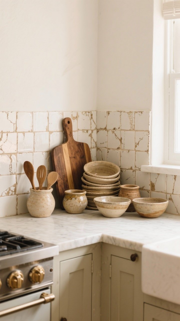 Medium shot: A soulful white kitchen vignette with imperfect, handmade details—an off-white zellige backsplash with visible variation, a cluster of hand-thrown pottery pieces used as utensil crocks and bowls on a creamy quartz counter, and a stack of vintage walnut cutting boards leaning casually against the backsplash; warm ambient light emphasizes the irregular glaze and patina.
