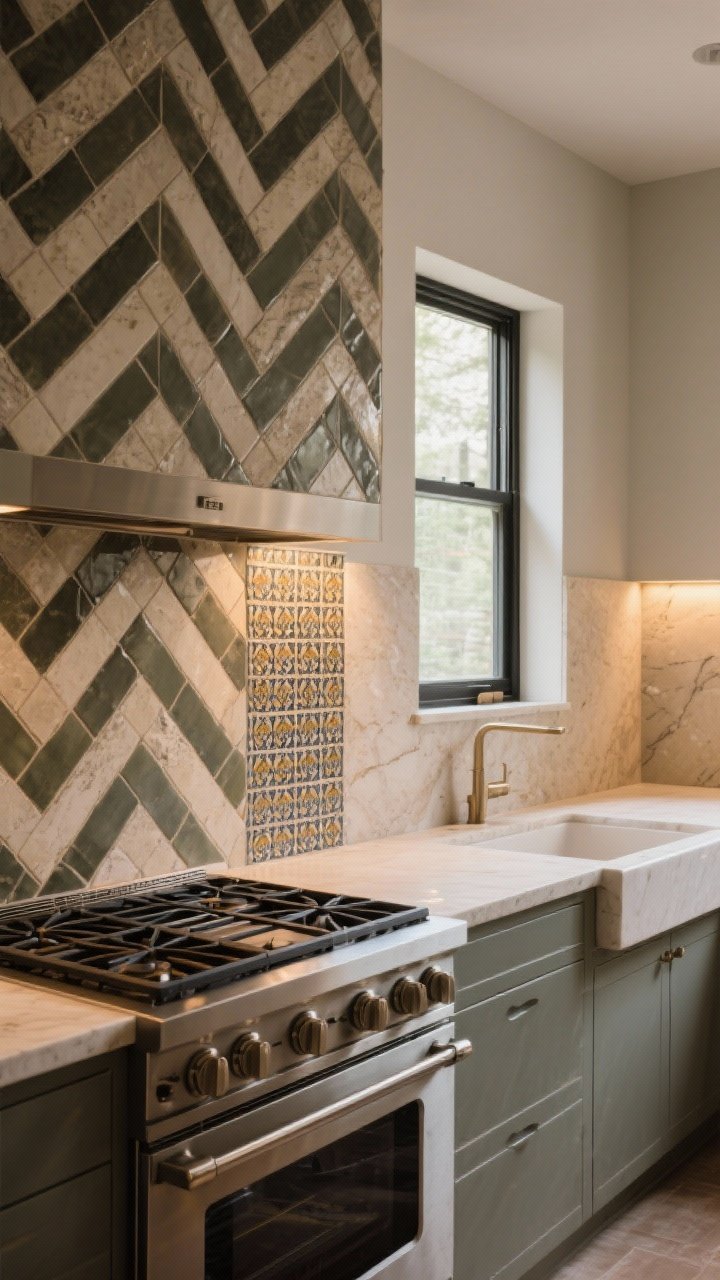 Medium shot: A statement backsplash wall behind a range with a bold herringbone tile pattern, counters kept minimal with light-toned stone to let the backsplash be the star. Include a small section of vertically stacked zellige tiles near the window for texture comparison, and a slab backsplash behind the sink in a separate continuous run for a luxe minimal look. Warm, indirect lighting accentuating tile texture and grout lines; no competing counter clutter.