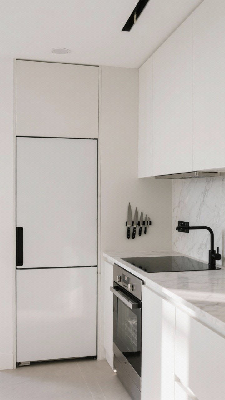 Medium shot: A streamlined small kitchen with integrated, panel-ready fridge and dishwasher that disappear into soft white flat-front cabinetry; light quartz countertops kept completely clear; matte black hardware for crisp contrast; hidden under-cabinet outlets and a magnetic knife strip to free counter space; soft, even daylight reflecting off calm, neutral finishes; minimal, high-contrast modern mood, photorealistic.