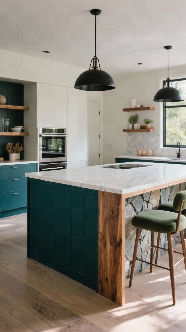 Medium shot: A two-tone kitchen island with a deep navy or forest green base and a pale white oak top; incorporate a wood waterfall wrap on one side softening a stone work surface; repeat one tone in the black metal pendants and upholstered bar stools; cool stone meets warm wood for balanced contrast; soft natural light with mild shadows; angle from the corner to show the color-blocking and dimension; photorealistic, no people.
