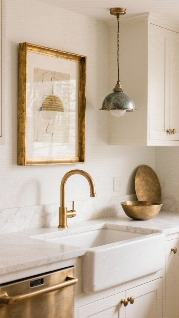 Medium shot: A warm white kitchen vignette showcasing mixed metals. Brushed brass faucet and cabinet hardware are the hero, echoed in a brass-framed art piece; secondary accents in patinated nickel appear in a pendant canopy and a small bowl. All finishes are brushed or satin, not mirror-polished. The metals repeat cohesively across the scene, glowing gently in warm ambient light; photorealistic, no people.