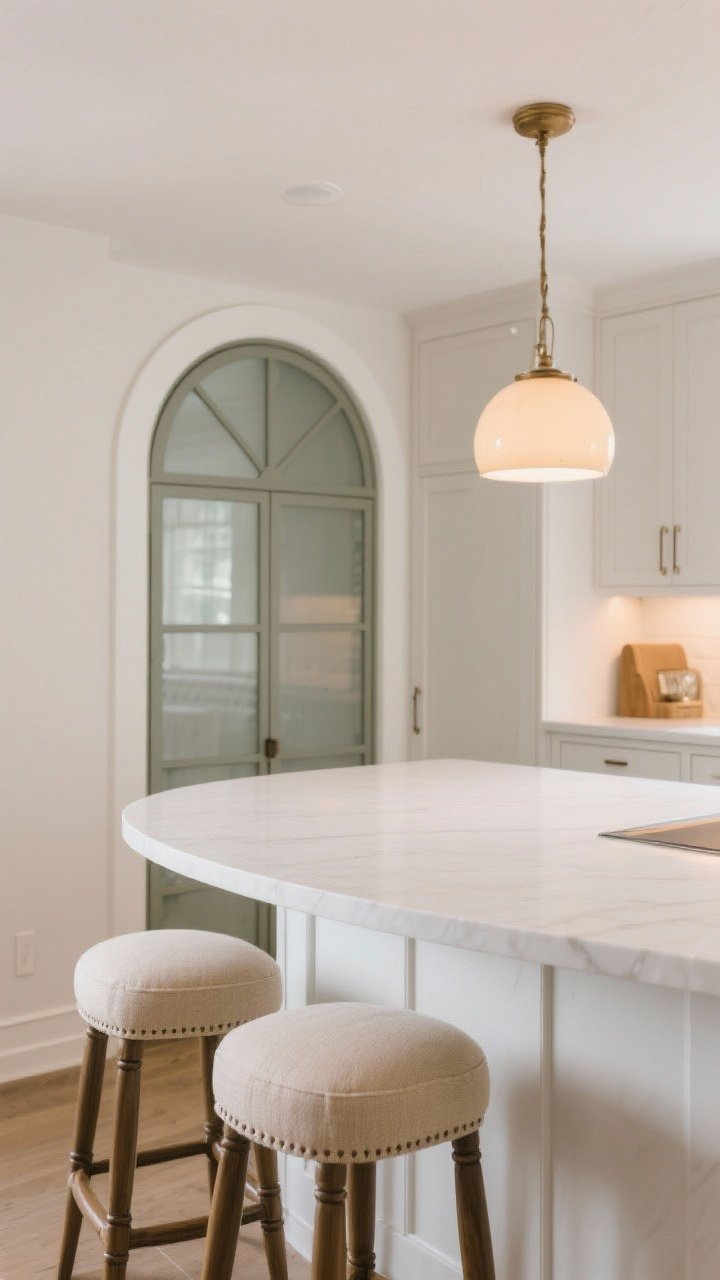 Medium shot: A welcoming island seating scene—rounded white island corners, two upholstered counter stools in a stain-resistant oatmeal performance fabric, and an arched glass-front cabinet door nearby; a single globe pendant with warm glow softens edges and adds a gentle curve to contrast the straight cabinet lines.