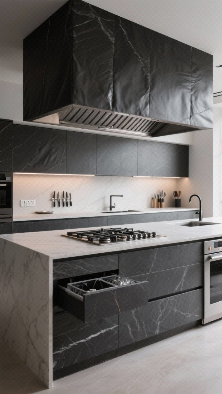 Medium shot: A working chef’s island equipped with an integrated induction cooktop, compact prep sink, built-in knife slots, and a discreet compost compartment; include a downdraft vent or low-profile ceiling hood to keep sightlines open; plug strips tucked under the overhang; honed or leathered dark stone for grip and fewer fingerprints; balanced task lighting with crisp shadows; straight-on view capturing functional zones and clean counters; photorealistic, no people.