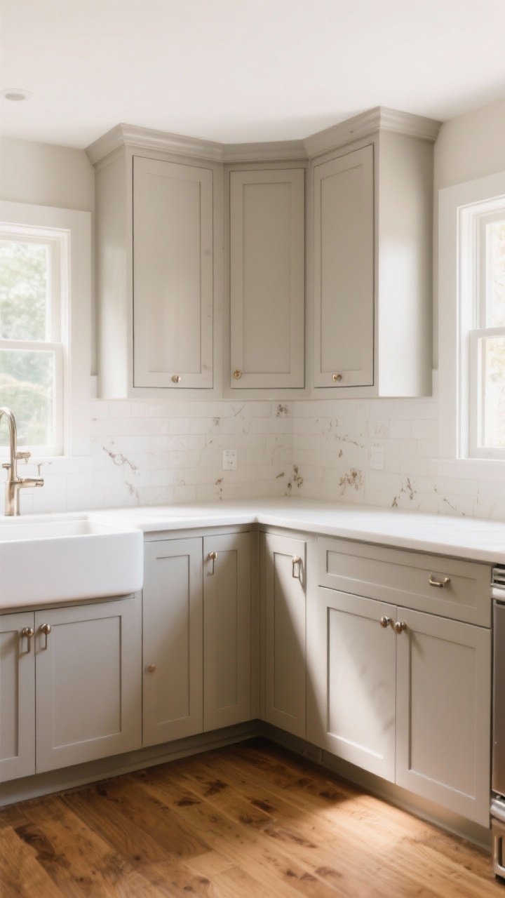 Medium shot: An airy kitchen corner featuring soft greige cabinets (BM Revere Pewter or SW Accessible Beige) in satin, paired with warm wood floors and crisp white countertops; mixed warm and cool metal accents subtly visible, gentle daylight filtering in; a few smudge-prone areas around the pulls to hint at real-life practicality, all shot straight-on to show the cozy, grown-up neutrality.